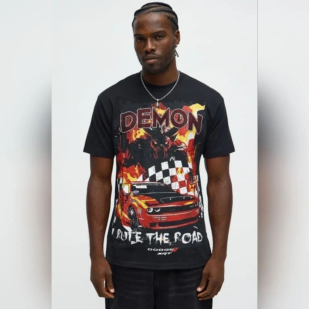 Reason Brand Dodge Demon Of The Road Rhinestone Short Sleeve Tee - Fashion Nova